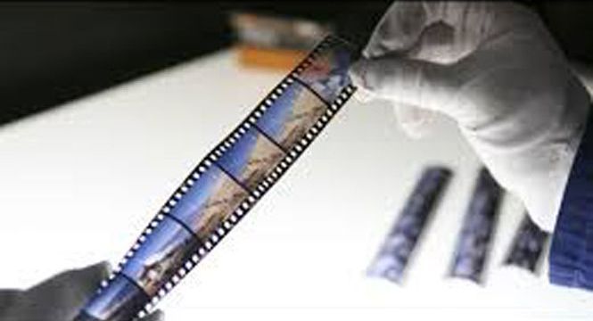 A person is holding a roll of film in their hand.