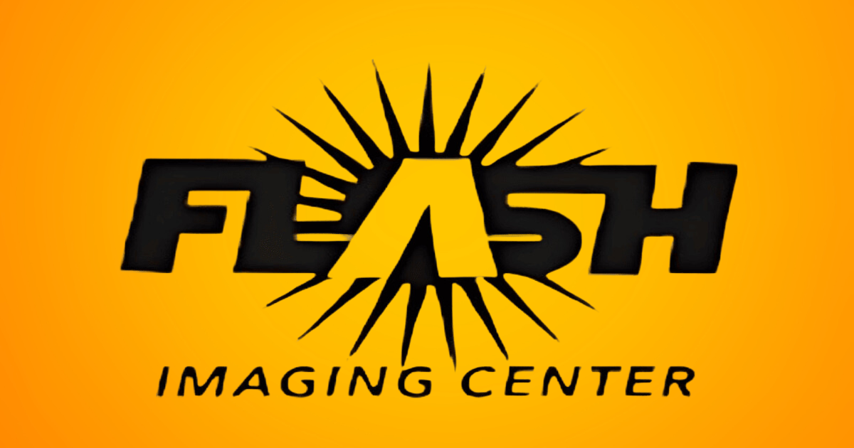 A flash imaging center logo on a yellow background